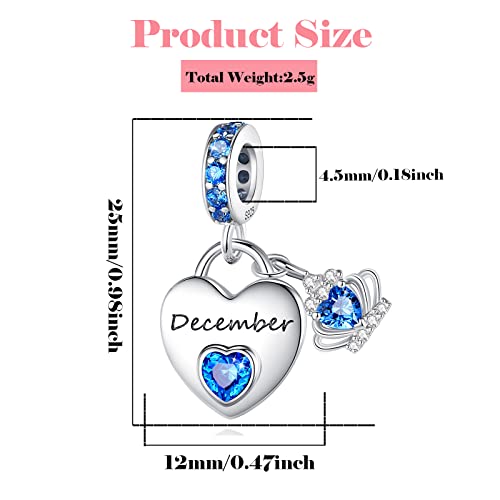 Birthstone Charms for Charms Bracelet: 925 Sterling Silver Heart Dangle Charms for Bracelets and Necklaces, Birthday Mother's Day Christmas Gifts For Women. - color: December