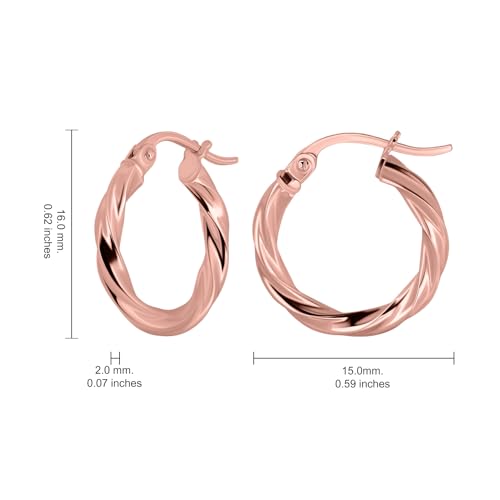 Hoops & Loops 925 Sterling Silver Twisted Hoop Earrings for Women - Hypoallergenic 14K Gold, Rose Gold, Black Flash Plated 2mm Thin Twist Design Round Click-Top Hoops, 15/20/25/30/35/40/50/60mm - color: Rose Gold-15mm (0.59 inch)