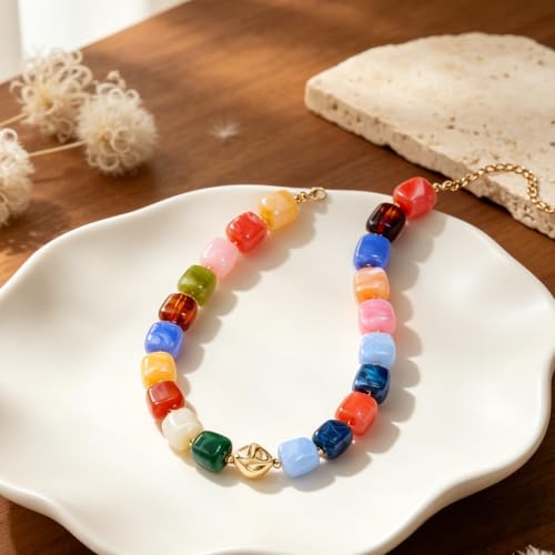 Chunky Beaded Necklace for Women,Square Resin beads boho Choker Necklace with gold-tone spacers,Fashion Trendy Summer Beach Party Necklaces Handmade Surfer Beach Necklaces Jewelry Gifts - color: Colorful