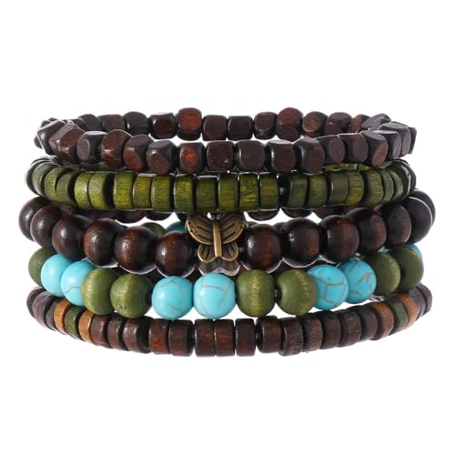 Boho Bracelet for Men & Women Retro Multilayer Handmade Wooden Bead Stretch with Butterfly Charm - color: A