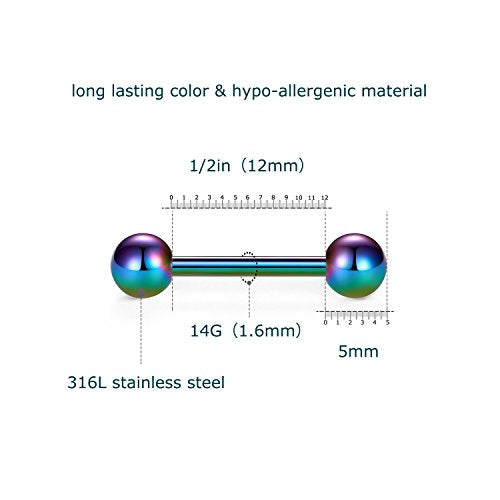 VCMART 12mm-18mm 14G Tongue Rings Nipple Straight Barbells Surgical Steel Body Piercing Jewelry - style: Style E2 -12pcs, rainbow