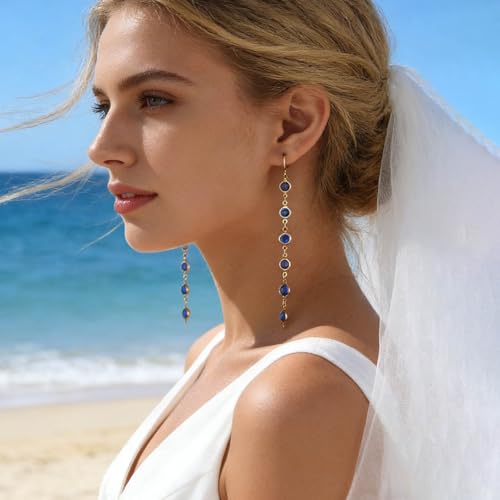 Ruby Crystal Dangle Earrings Red Rhinestone Tassel Drop Earrings Long Cz Chain Tassel Earrings Gold Huggie Hoop Earrings Ruby Wedding Earrings - color: Blue