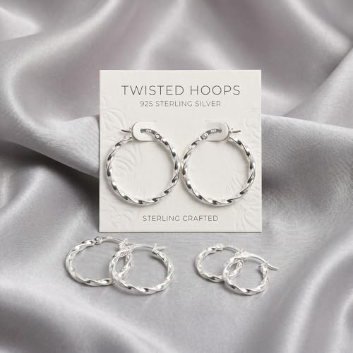 Charmsy Set of 3 Pairs 925 Sterling Silver Hoop Earrings for Women | Lightweight Italian 2.5mm Tube Diamond-Cut Classic Texured Click-Top Hoops Earring | Size 12/13/15/18/20/25mm - color: Twist-15/20/25mm