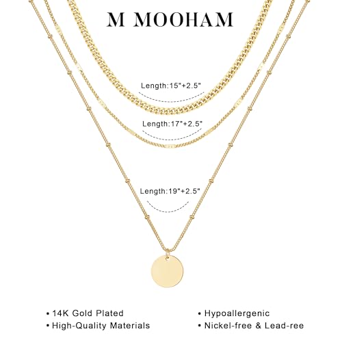 M MOOHAM Layered Gold Necklaces Stack for Women No Tarnish | 14K Gold Plated, Stackable Pendant Necklace Set, Snake Rope Cuban Paperclip Chain, CZ Coin Pendant, Dainty Jewelry Gifts - color: 3 Layered Cuban Thin Dot Coin Pendant-Gold