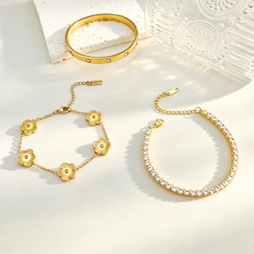 Gold Stackable Bracelets for Women 18K Gold Plated Floral Bracelet, Stainless Steel Bangle Bracelets Trendy Jewelry as Gifts for Women - style: Gold