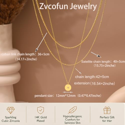 Layered Necklaces for Women, Simple Gold Necklace Stack Dainty 14K Gold Plated CZ Disc Pendant Necklace Set Non Tarnish Gold Jewelry Gifts - color: Gold-Cuban+Bead+Star