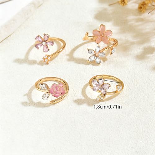 Flower Rings for Women Gold Adjustable Rings Set, Pink Enamel Rose Daisy Stackable Rings with Cubic Zirconia, Dainty Floral Knuckle Rings Jewelry for Party Wedding Gifts - color: Gold-01