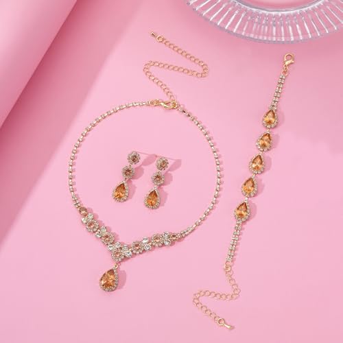 Paxuan Silver/Gold Rhinestone Crystal Wedding Bridal Bridesmaids Earrings Bracelet Set for Women Brides Bridesmaids Crystal Rhinestone Bracelet Earrings Set for Wedding Bridal Prom Pageant - color: Champagne
