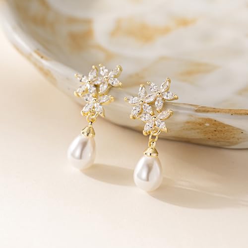Plenky Pearl Earrings-14K Gold Plated Dainty Pearl Drop Simple Wedding CZ Dangle Dangling Cute Stud Earrings for Brides Earrings for Women Gifts - style: CZ flowers Pearl Earrings