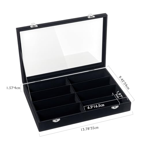 Emibele Glasses Organizer Jewelry Tray, 8 Grids with Clear Lid Velvet Tray Watch Storage Stackable Jewelry Showcase Display Storage with Detachable Inner Dividers, Black | Dustproof Clear Lid Velvet Tray Watch Storage Jewelry Showcase Display Storage with