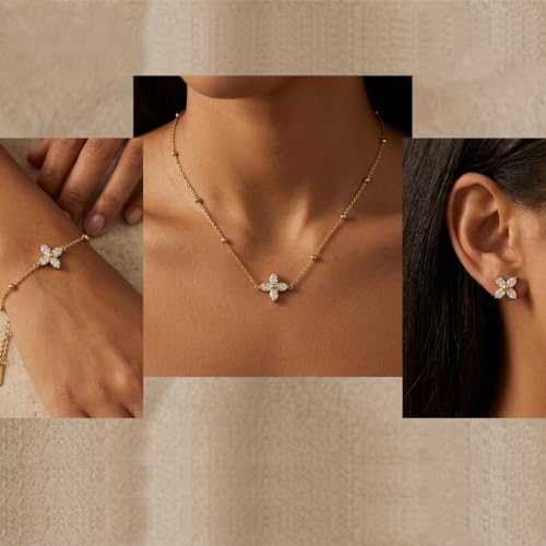 14K Gold Plated Crystal Jewelry set Cubic Zirconia Dainty Choker Necklace Earrings Stud Gold Necklaces for Women - color: Clover