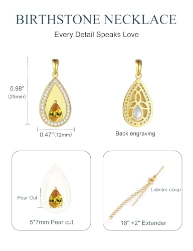 Birthstone Pendant Necklaces for Women 925 Sterling Silver Teardrop Pendant Necklace Birthday Jewelry Gift, 18"+2" Inches - color: 11 - Citrine