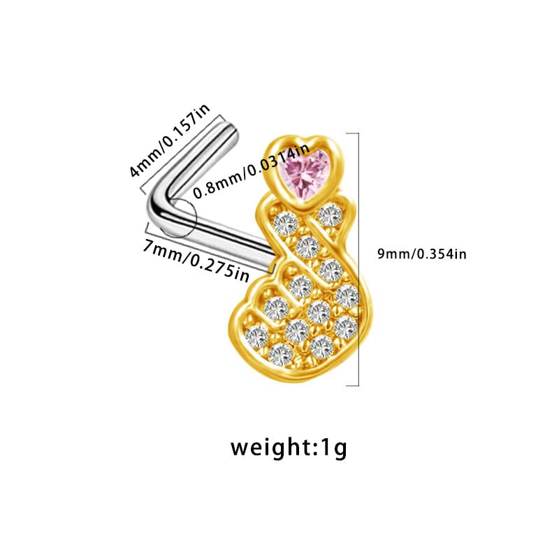 20G Finger Heart L-Shaped Nose Studs Rings for Women Stainless Steel Cubic Zirconia Hand Heart Nose Ring Screw Nose Piercing Jewelry