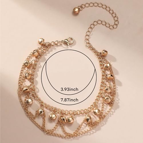 Ankle Bracelets for Women Gold Anklet Set Boho Vacation Gift | Gold anklet set for women 5 styles with matching gift pouch.Boho adjustable non-tarnish jewelry.Perfect present idea. - color: Goldbell