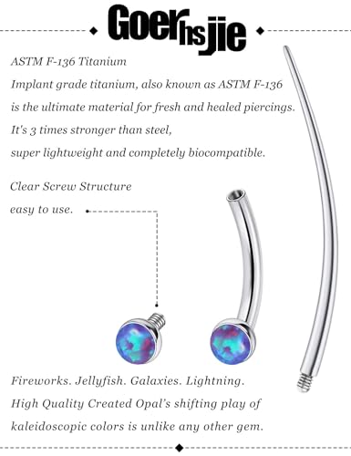 F136 Titanium 16g 6/8/10mm Opal Eyebrow/Rook/Snug/Vertical-Labret/VCH/Snake-Eyes/Anti-Tragus/Christina/Daith/Belly-Button/Bridge/Hood/Surface Curved Barbell Piercing Jewelry for Women Men - color: Purple, size: 8mm=5/16in
