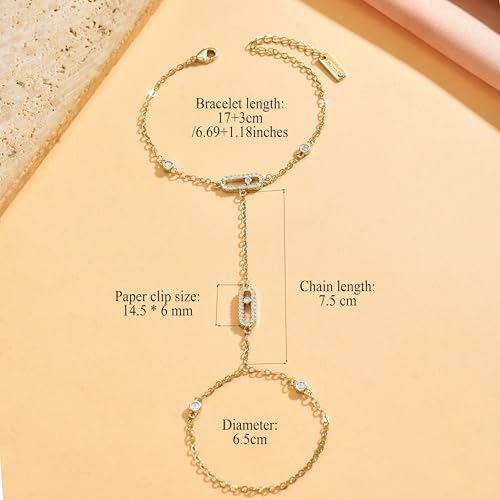 14K Gold Plated Paperclip Finger Chain Bracelet for Women | Adjustable Stackable Cubic Zirconia Hand Chain, Mother Daughter Birthday Wedding Jewelry Gifts - color: Gold