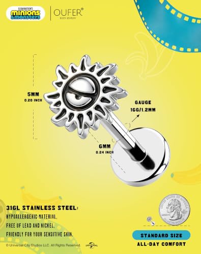 OUFER | Minions 16g Extended Internally Threaded Flat Back Helix Stud | Punk Style 6mm 316L Surgical Steel Tragus Earrings, Minions Eye Sun Nose Lip Cartilage Piercing Jewelry for Women Men