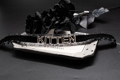 Women's Black Velvet Lace Letter Choker Collar for Halloween, 15-inch | Made of Velvet Lace Ribbon and Silver Letter Charms, Lobster-claw Closure, Daily Gothic Style, Avoid Water & Perfume - color: KITTEN