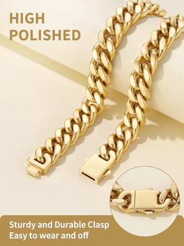 FindChic Cuban Link Chain Necklace for Women Men, Silver/Gold Plated Stainless Steel Solid Miami Curb Chain Hip Hop Punk Statement Jewelry, 5/12/14mm Width, 16/18/20 Inch Length, with Gift Box - color: 04. 12mm-Gold, size: 16inches