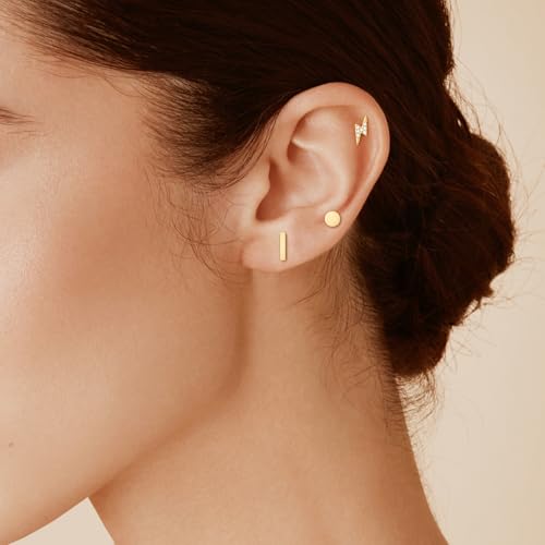 JIAYIQI Minimalist 925 Sterling Silver Stud Earrings Set, 14K Gold Plated Hypoallergenic Tiny Bar Dot Heart Star Studs for Women & Men - style: Gold-Bar Dot-2 Pairs