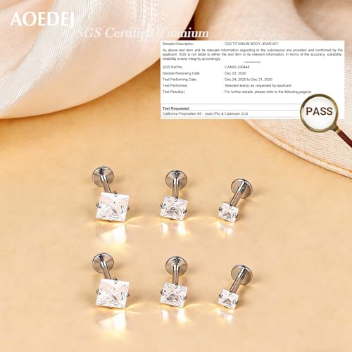 AOEDEJ 20/18/16G Titanium Internally Threaded Flat Back Stud Earrings 3/4/5mm Stars Square CZ Nose Lip Medusa Monroe Labret Piercing Jewelry for Cartilage Conch Tragus Helix Ear Studs - style: 20G-Squares