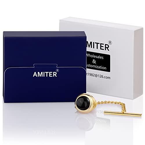 AMITER Crystal/Pearl Tie Tack with Chain, Gold Mens Tie Pin Necktie Pins Lapel Pin for Wedding Birthday Anniversary Party - color: 24k Gold+Black Imitation Pearl