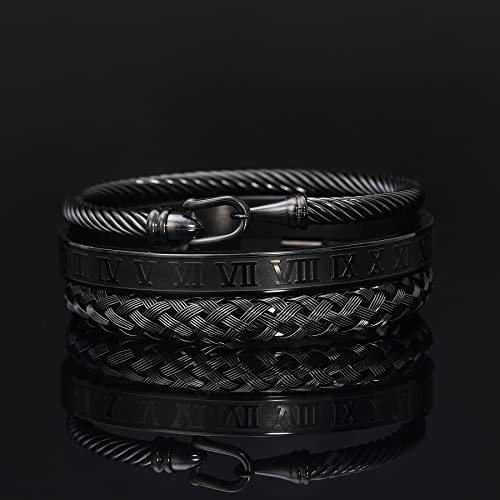 WFYOU 3PCS Stainless Steel Imperial Crown Bracelets for Men Gold Roman Numeral Bangle Bracelet Adjustable Cuff Bracelet Mens Luxury Jewelry Gifts - style: 07:Black-Hook