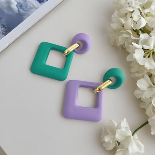 70s 80s Vintage Resin Neon Square Dangle Drop Earrings Simplicity Acrylic Hollow Round Circle Geometry Stud Earrings for Women - style: Blue Purple