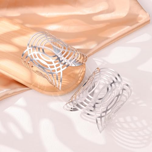 2Pcs Cuff Bangle Bracelet for Women Open Wide Bangle Bracelet Set | minimalist statement bangle bracelets,wrist cuff wrap bracelet adjustable,open wide wire grooved hammered bracelet set - color: 2PCS-Sliver-G