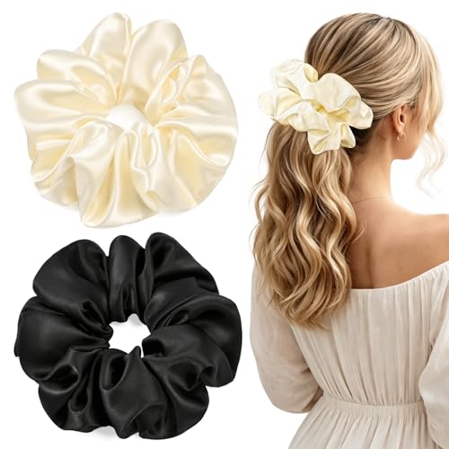 2 PCS Black Beige Jumbo Satin Silky Scrunchies 6.5 Inches Oversized Scrunchie Extra Large Big Hair Ties Ponytail Holder for Thick Curly Hair Women (Black, Beige) - color: Black, Cream