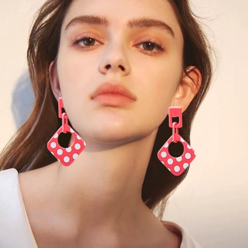 Handmade Lightweight Retro Polka Dot Square Hollow Round Dangle Drop Earrings Unique Chic Resin Geometric Stud Earrings For Women - style: Pink Chain