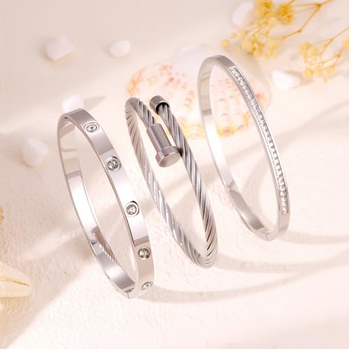 Camhanno Stackable Silver Bracelets for Women Stainless Steel Love & Friendship Bangle, Mothers Day Valentines Birthday Christmas Jewelry Gifts for Mom Her Wife Grandma - style: Style 7