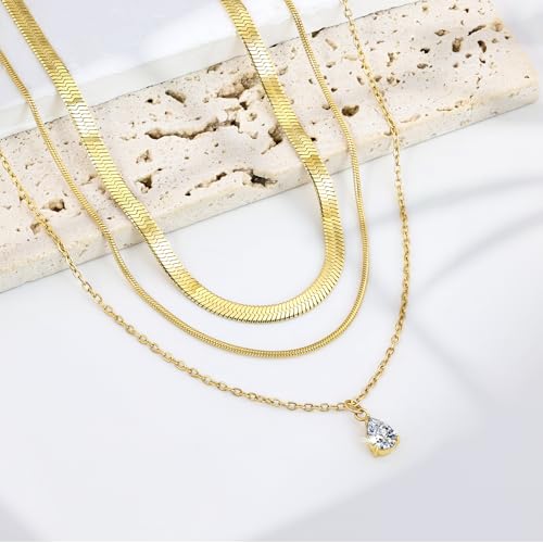Layered Necklaces for Women,14k Gold Plated Dainty Necklace Stack Set Non Tarnish Adjustable Silver Stainless Steel CZ Heart Circle Pendant Paperclip Choker Herringbone Snake Chain Jewelry - style: CZ Layered Necklace