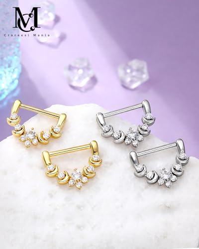 CM Crareesi Mania Moon Nipple Clicker Rings,14G Nipple Shield Rings, 316L Stainless Steel Nipple Barbells Clear CZ, Nipple Rings for Women - color: Silver