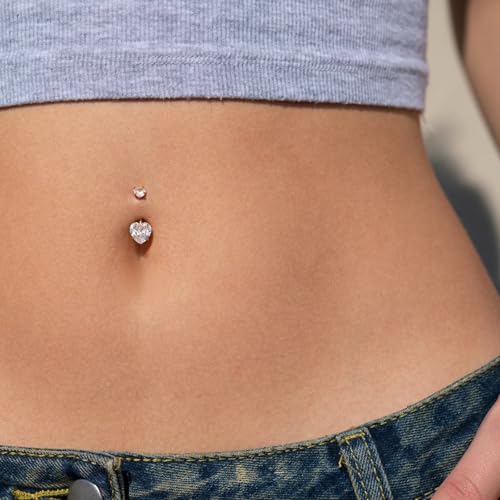 2pcs 14k Gold Filled Belly Button Rings, 14G 8mm/10mm/12mm Threaded Barbell Belly Button Piercing, Navel Ring Piercing Jewelry - color: 14K GF-2pcs-Heart CZ-10mm