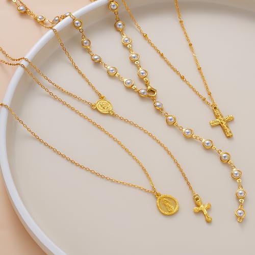 4PCS Layered Gold Cross Necklaces for Women Trendy, Bohemian Bead Pearl Y Long Pendant Necklace Set, Vintage Rosary Necklace Stack Adjustable Length