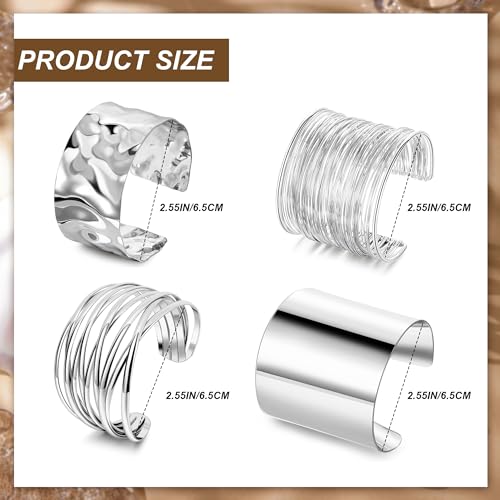 4Pcs Chunky Gold Cuff Bracelects for Women Gold Bangles Irregular Minimalist Statement Bangle Bracelets Set Open Wide Bangle Upper Arm Cuff Jewelry - color: Silver-B