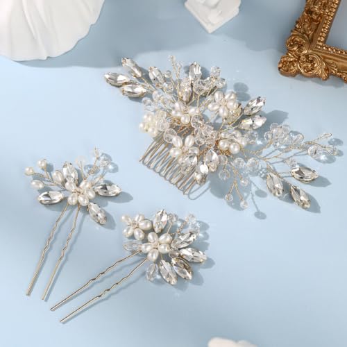 Wedding Hair Accessories Crystal bridal hair pins Rhinestone Pearl hair comb Brides and Bridesmaids, Girls, Women(Gold) - color: Gold