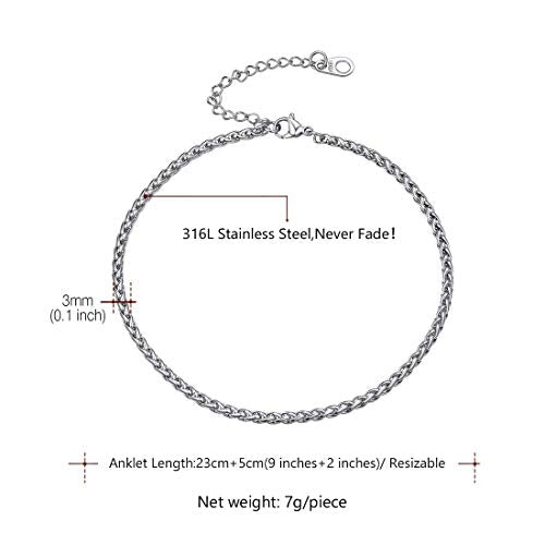 U7 Ankle Bracelets for Women Stainless Steel Waterproof Tarnish Resistant | 18K Gold Plated/Silver/Rose Gold Anklets, Cuban Chain Anklet Bracelets, Perfect for Summer Beach and Vacation Outfits - color: Stainless Steel-3mm-Wheat Chain