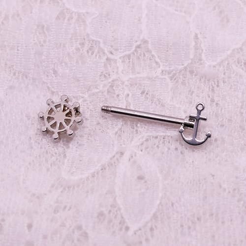 14G Wrench Barbell Nipple Ring 316L Anchor and Rudder Nipple Barbell Screw Nipple Rings Body Piercing Jewelry for Women Men - color: Silver-Anchor and Rudder