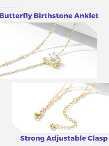 Richsteel Double Layer Heart/Butterfly Birthstone Anklet for Women | Non Tarnish Waterproof, Silver/Gold/Black Stainless Steel 8.5-10.5 Inch Adjustable Chain Anklets Summer Beach Foot Jewelry - color: Gold Butterfly-04 Apr.(Diamond)