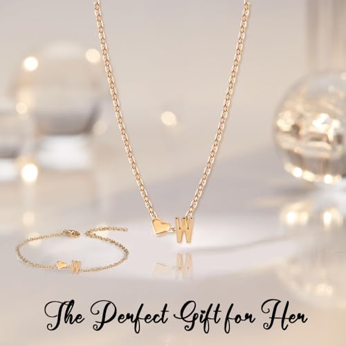 Gold Bracelets For Women Heart Initial Letter Pendant Necklace and Bracelet Set Personalized Jewelry Sets for Women Birthday Gifts for Mom Her Daughter Initial Necklace 14K Silver Plated - style: Gold-W