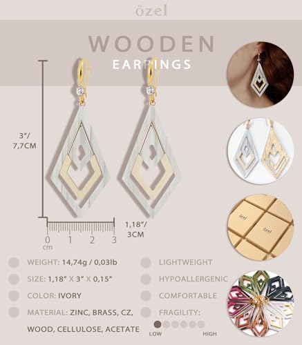 Ozel - Natural Wooden Acrylic Boho Drop Dangle Earrings for Women - Geometric Statement Jewellery - Brown, Black, Magent Red, Olive Green, White beige - color: Diamond_White beige