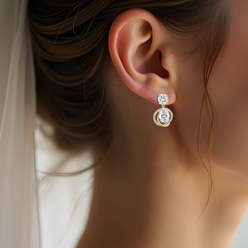 Gemsme Bridal Wedding Earrings for Brides Bridesmaides, 925 Sterling Silver Posts hypoallergenic Cubic Zirconia stud,Drop & Dangle Earrings for Women Jewelry Gifts - color: Gold - Round Drop Earrings