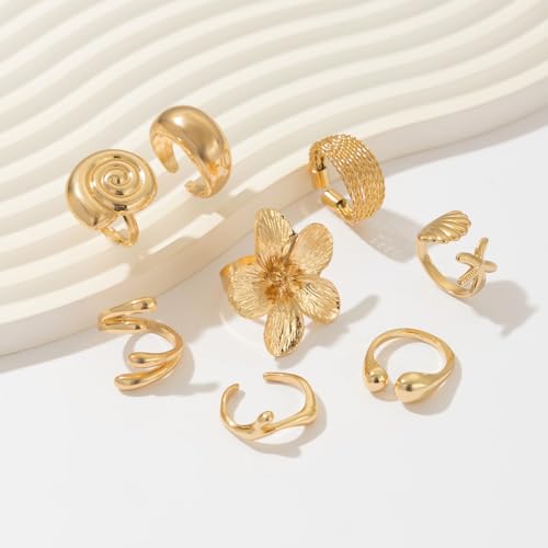 GIGB PBDK Chunky Gold Flower Open Knuckle Ring Set for Women,Dainty Seashell Starfish Statement Midi Finger Ring,Trendy Holiday Jewelry Accessories Gifts