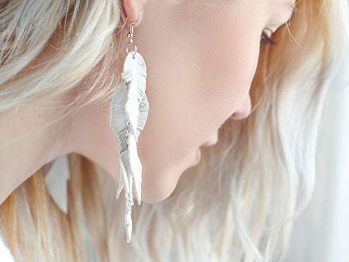 Leather Feather Earrings, Suede layered earrings, boho wedding jewelry, summer earrings, gift for her, dangle earrings - color: white