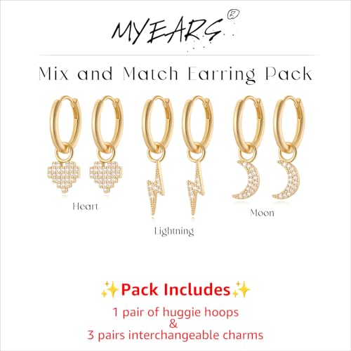 Gold Hoop Earrings and Charm Set for Women Huggie Dangle Drop Mix and Match Earring Pack with Charms 14K Small Simple Hypoallergenic Everyday Jewelry - style: 02. Heart/Lightning/Moon