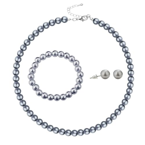 xuzhiyuan 10mm Faux Pearl Jewelry Set for Women, Classic 3-Piece Necklace Bracelet and Earring Set, Hypoallergenic Fashion Jewelry Gift for Mom Wife - color: Grey