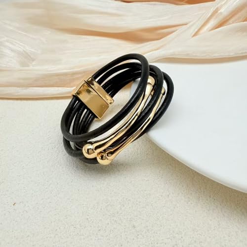 Bracelets for Women Leather Bracelet Multi-Layer Rope Wrap Bangle 14k Gold Plated Cirle Hollow Tube Boho Cuff Bangle Bracelets for Women Gift - style: Bone Tube-Balck Bangle