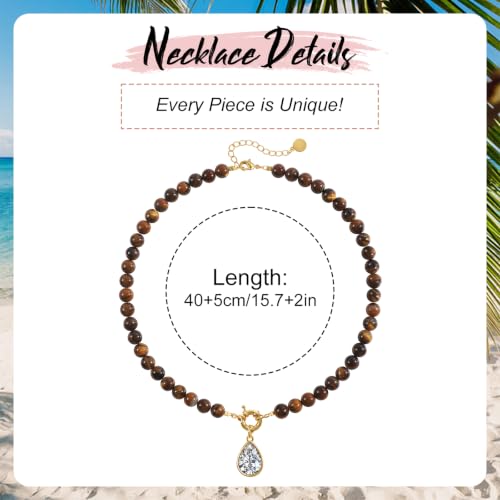 Beaded Gemstone Necklaces for Women Boho Beaded Choker Necklace | CZ Diamond Water Drop Pendant Necklace Natural Stone Jewelry Gifts - color: Brown